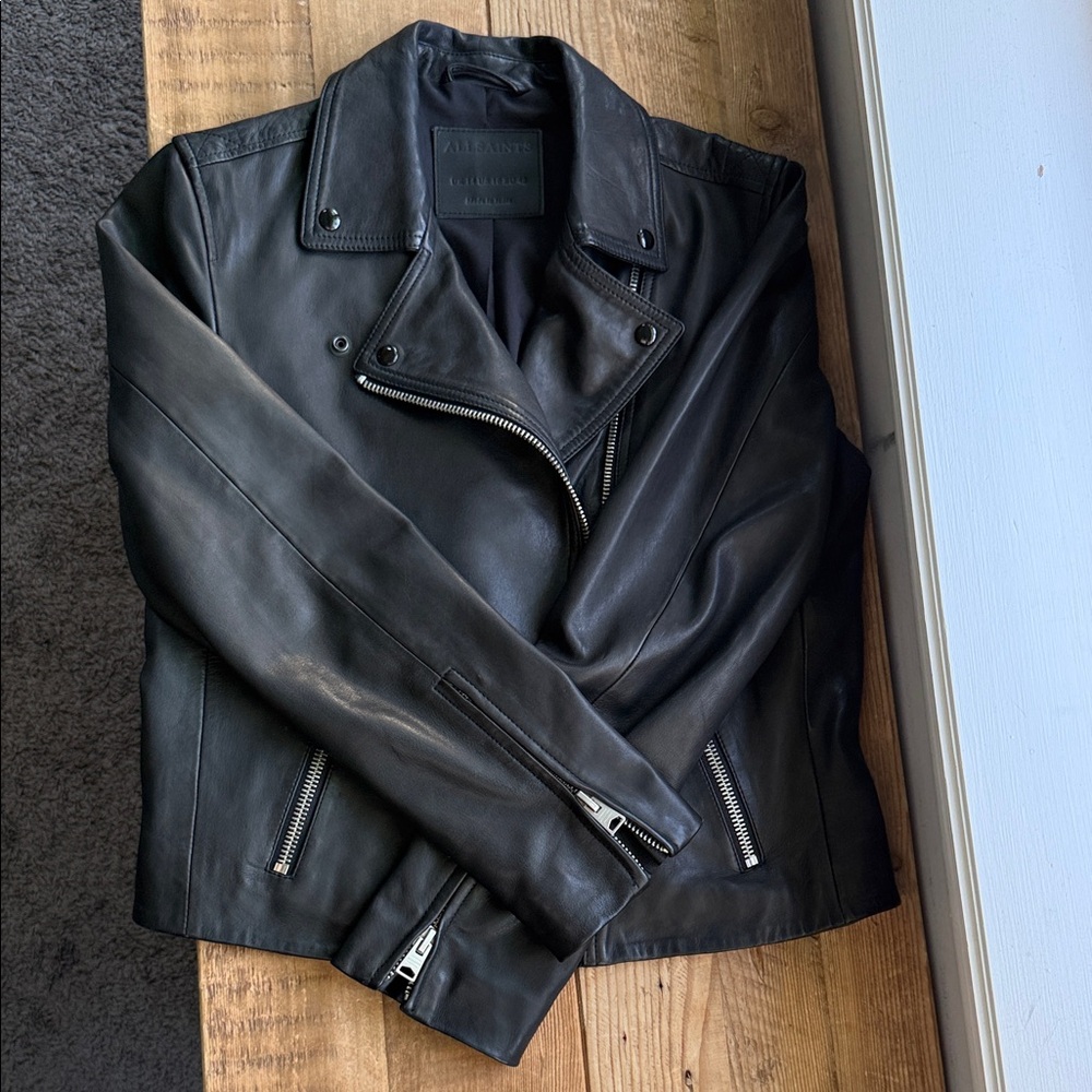 AllSaints Dalby Leather Biker Jacket Size 10 Black w/silver Lambskin LIKE NEW